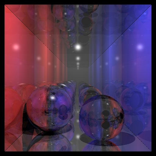 Ray-traced reflective spheres in a mirrored scene