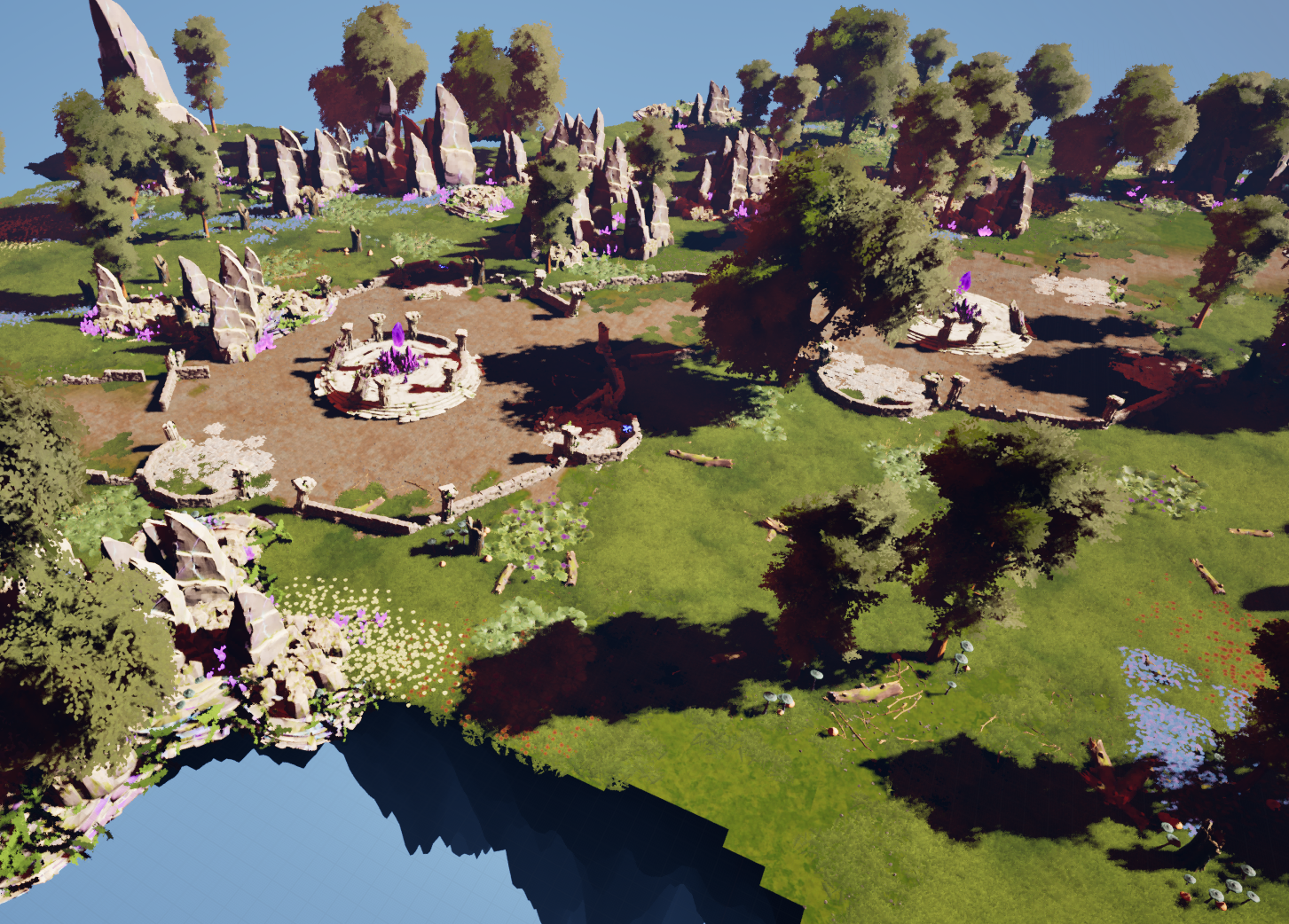 Wide Arcane Isle environment with grassy terrain, ruins and purple crystals