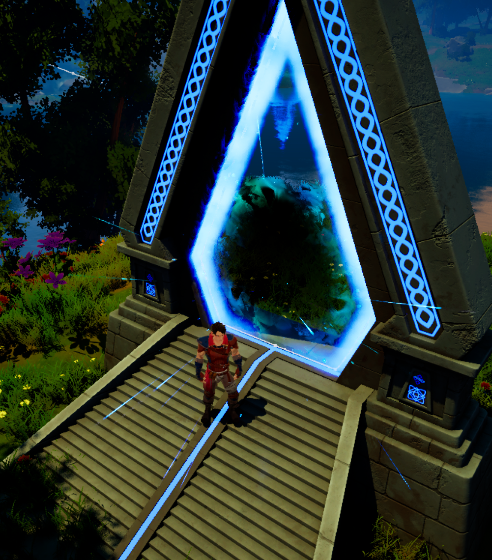 Arcane Isle portal framed by glowing blue runes