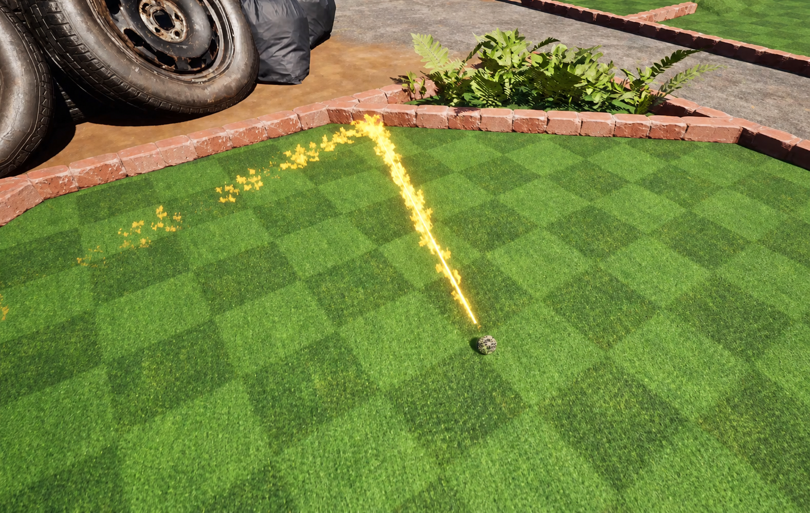 Close gameplay view of a golf ball leaving a glowing shot trail