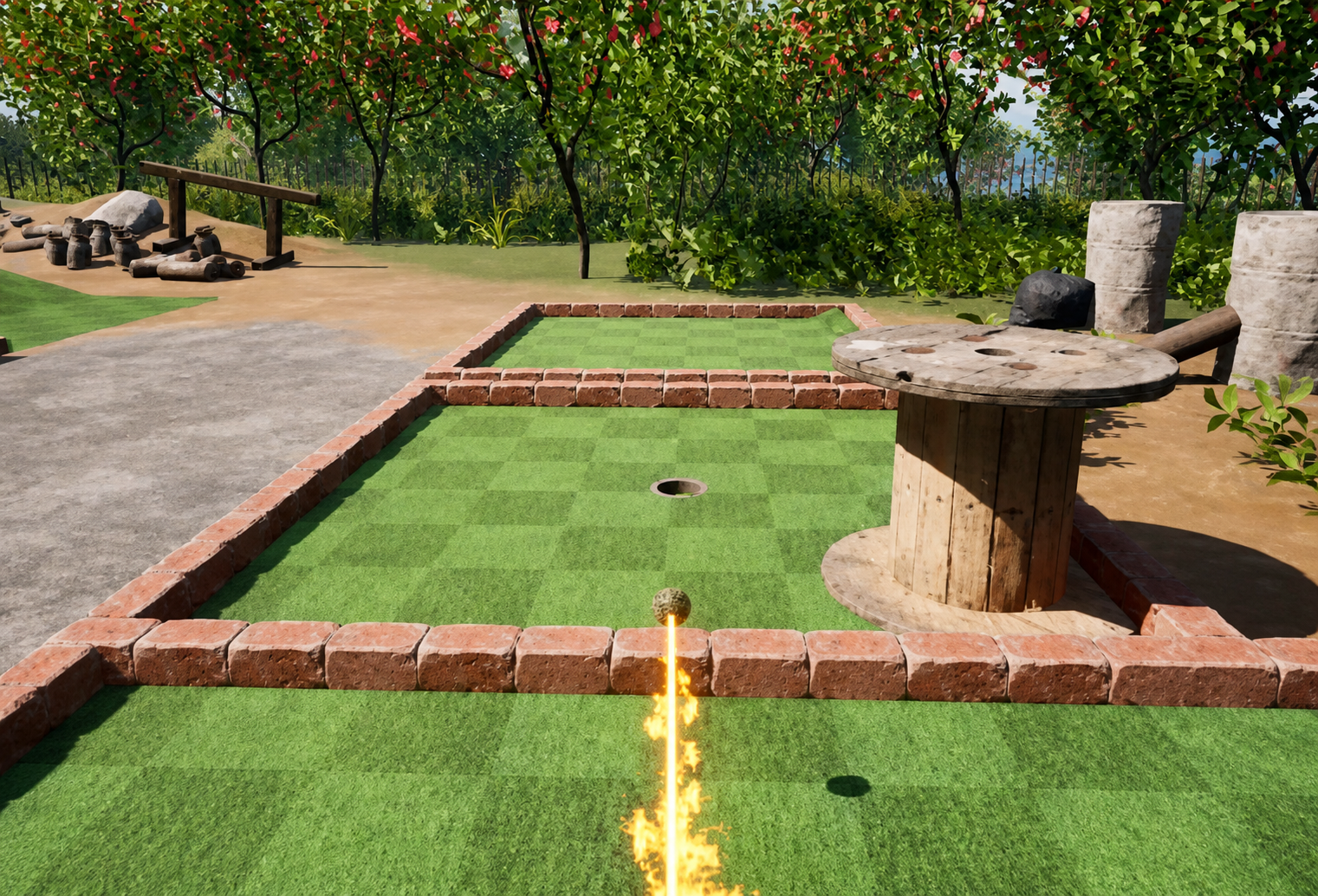 Golf prototype lane with a ball travelling toward the next hole