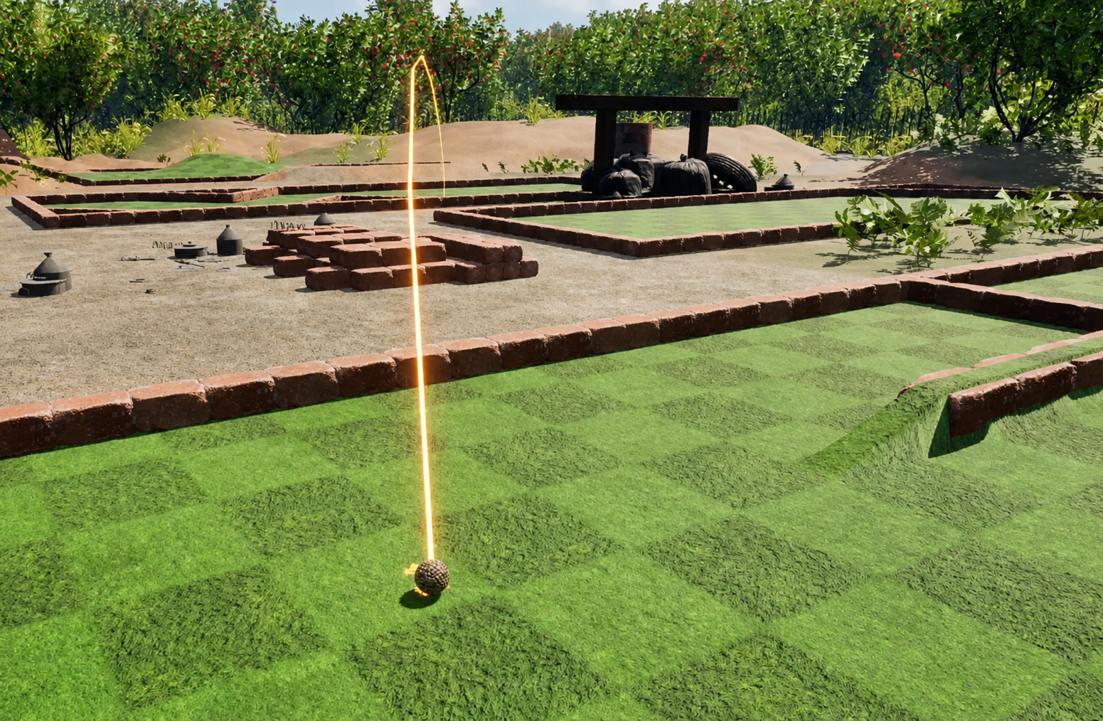 Golf prototype course with a long arcing ball trajectory