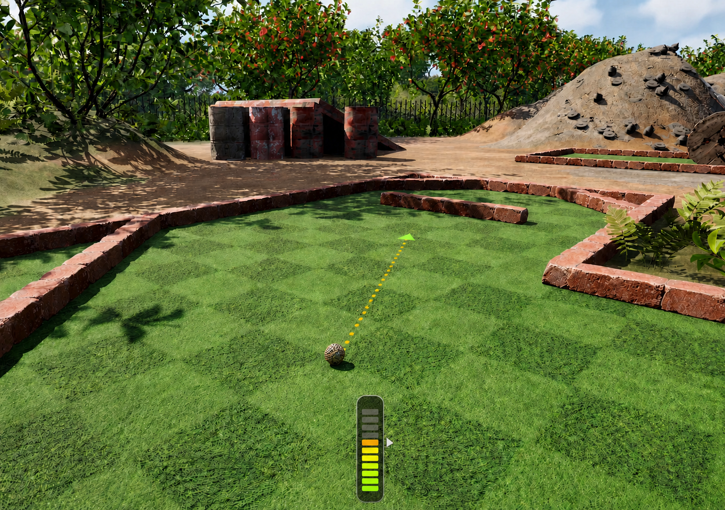 Golf prototype putting lane with a centered aiming widget and projected arrow