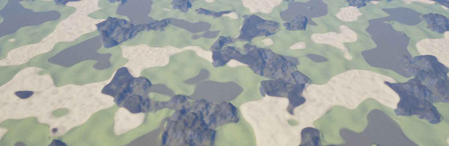 Wide terrain overview showing several smoothly blended procedural biomes