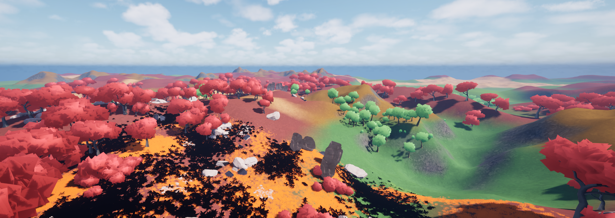 Stylized low-poly procedurally generated world with colorful biomes and scattered vegetation