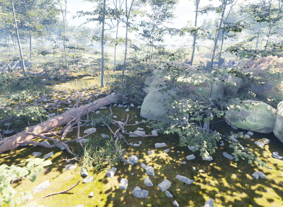 Photorealistic procedural forest populated with trees, rocks, undergrowth and fallen logs