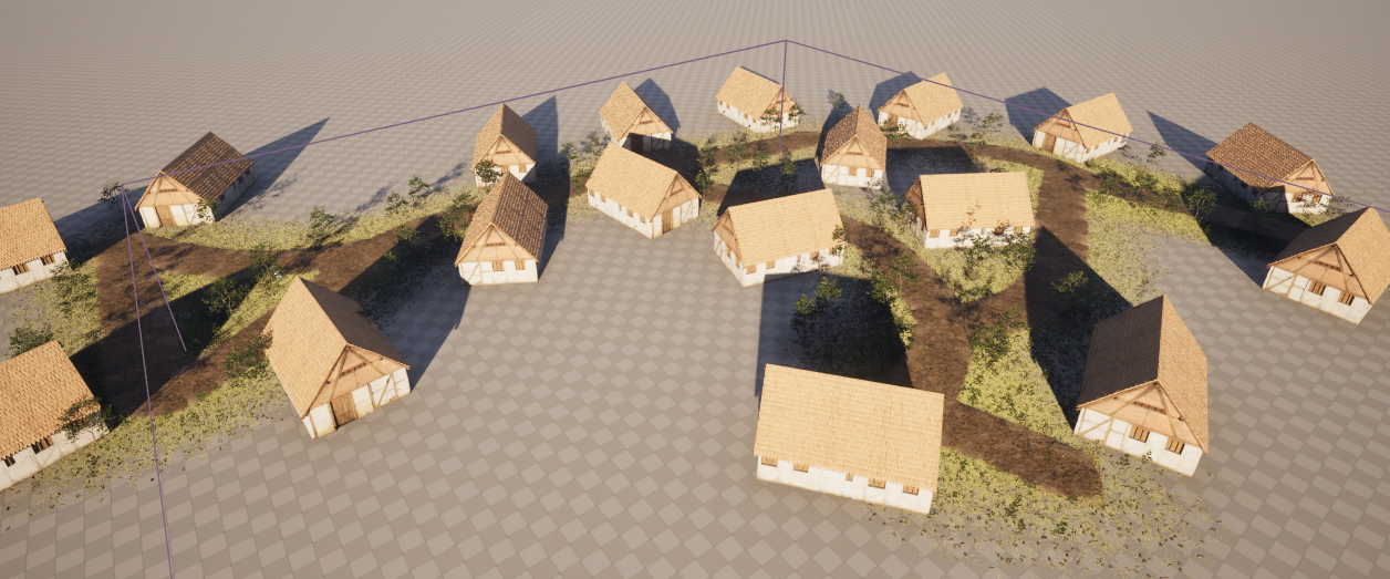 Procedurally generated village with roads, buildings and vegetation